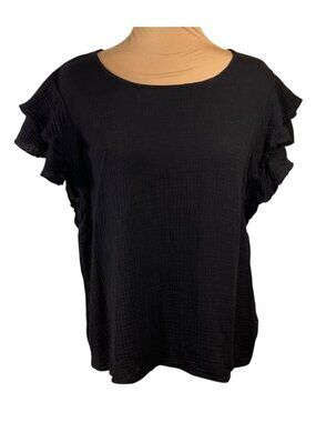 BiBi Women's Top Flutter Sleeve Black Gauze Size L Large Cotton Shirt
